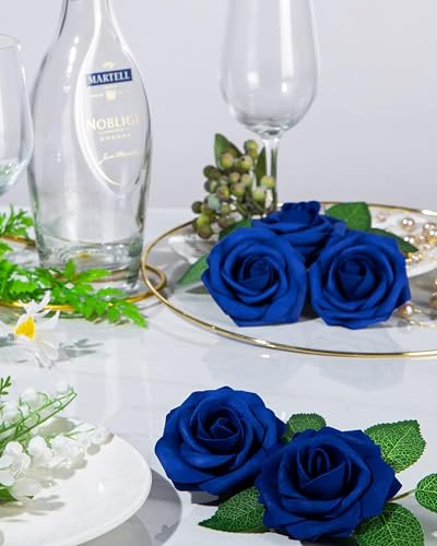 DuHouse 25Pcs Artificial Roses Flowers Fake Roses with Stems Real Touch Foam Flowers for DIY Wedding Bouquet Party Centerpiece Floral Arrangement Party Home Decor (Royal Blue-A) - color: Royal Blue-a, size: 25pcs