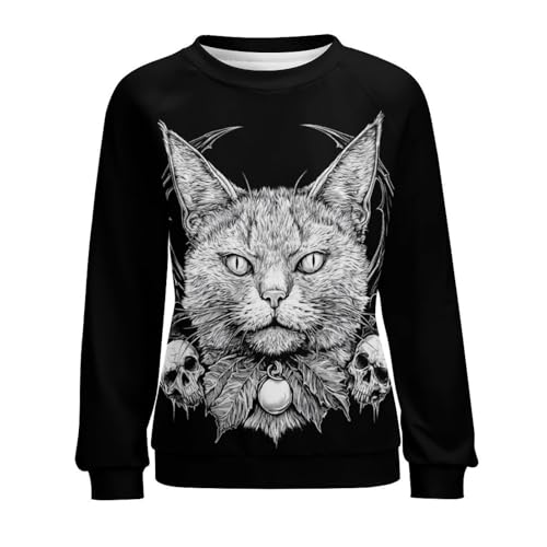domirica Halloween Sweatshirts for Women Black Cat Print Pullover Crewneck Oversized 2024 Fall Fashion Casual Warm Shirt - color: Akuma, size: 3X-Large