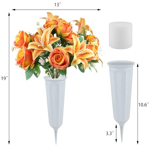 2 Set Artificial Cemetery Flowers with Grave Vase-2 Bunches Lilies & Rose Mixed Orangish Yellow Silk Memorial Flowers-2 Cemetry Vase with Foam for Outdoor Headstones Gravesite Graveyard Decorations - color: Orangish Yellow