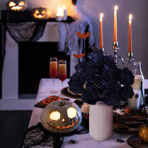 12 Pcs Black Roses Artificial Flowers with Long Stem, Faux Silk Rose Bouquet Realistic Lifelike Fake Floral Bundles for Halloween Valentine's Day Wedding Party Table Centerpiece Decor, Large - color: Black, size: Large