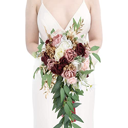 9 Inch Artificial Wedding Bouquets for Bride Bridal Bouquet Bridesmaid Bouquet Tossing Bouquet for Wedding Ceremony Anniversary Bridal Shower(Marsala & Blush) - color: Marsala & Blush