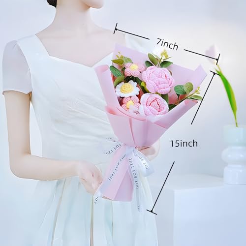 Crochet Flowers Bouquet,Pink Rose Crocheted Flower Bouquet,Knitted Artificial Flowers Bouquet Get Well Gifts for Women Girlfriend Family Coworker Mother's Day Christmas Birthday Wedding Gift - color: Pink