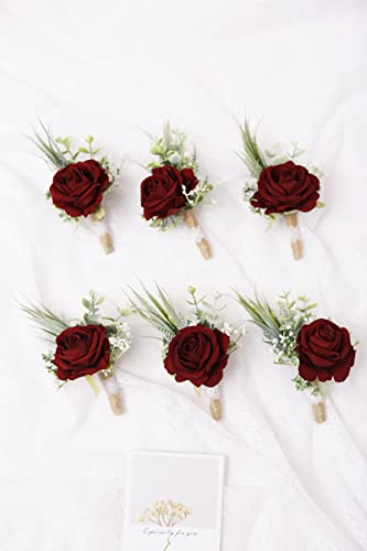 Ansofi Set of 6 Wine Red Boutonniere for Best Men Groom Groomsmen Burgundy Buttonholes for Wedding Party Prom Decoration