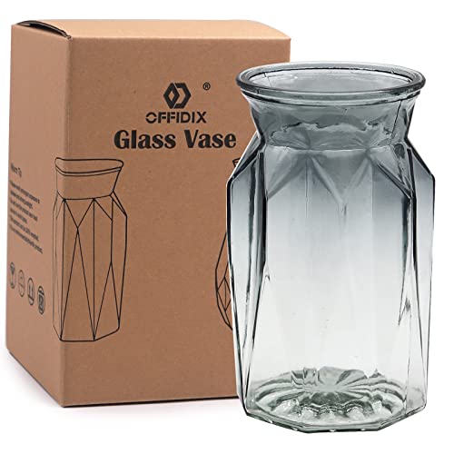 OFFIDIX Glass Vase, Geometric Faceted Design Flower Vase for Weddings, Events, Decorating, Arrangements, Office, or Home Decor - color: E-gray Clear Gradient