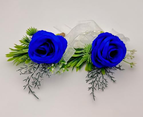 Rose Wrist Corsage Wristlet Band and Men Boutonniere Set, Corsage for Prom, Bride Hand Flower, Wedding Flowers Ceremony, Wedding Party Prom Decor, Handmade Petals Hair Hat Wreath, Royal Blue, 2 Pack - color: Royal Blue