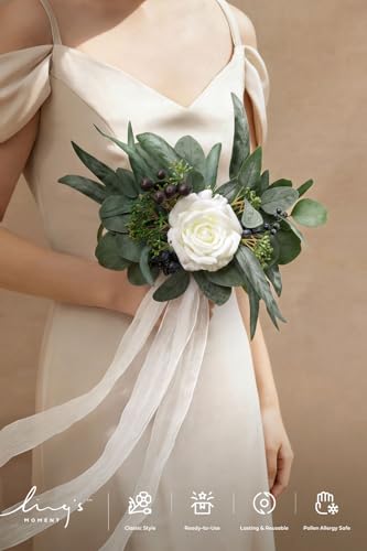 Ling's moment Artificial Bridesmaid Bouquets Set of 6 Eucalyptus Wedding Flower Bouquets White Floral Bouquet Bridal Bouquets with Ribbon Ceremony,Anniversary,7-inch Diameter - color: Wht-white