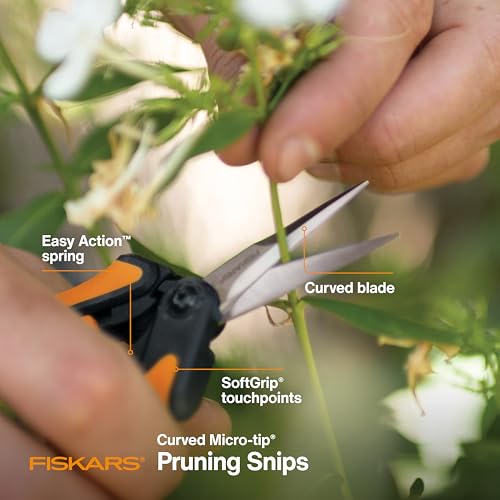 Fiskars Curved Micro-Tip Pruning Snips - 6" Garden Shears with Sheath and SoftGrip Handle - Yard and Garden Tools - Orange/Black - style: Curved Snips