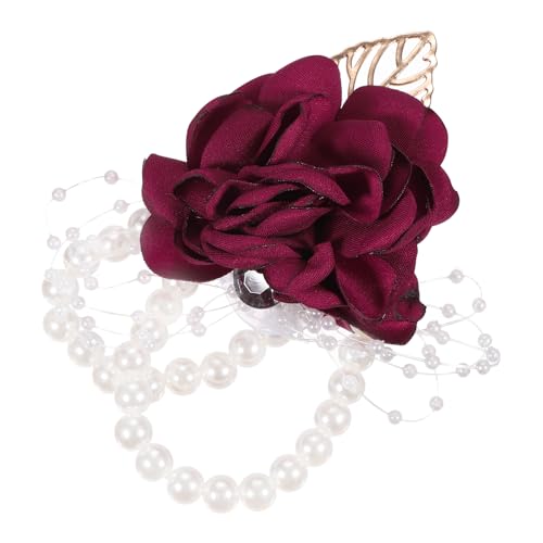 MECCANIXITY Wrist Corsage Artificial Flower Bracelets Pack of 1 Rose Wrist Bride Groom Decorative for Wedding Ceremony Prom Party Anniversary, 9x7cm Deep Red - color: Deep Red