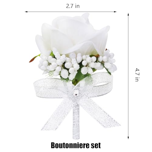 White Rose Boutonniere for Men, Set of 2, Groom and Best Man Artificial Boutonnieres, for Wedding Anniversary Ceremony Dinner Prom Party Flower Decorations - color: 2 Boutonnieres White