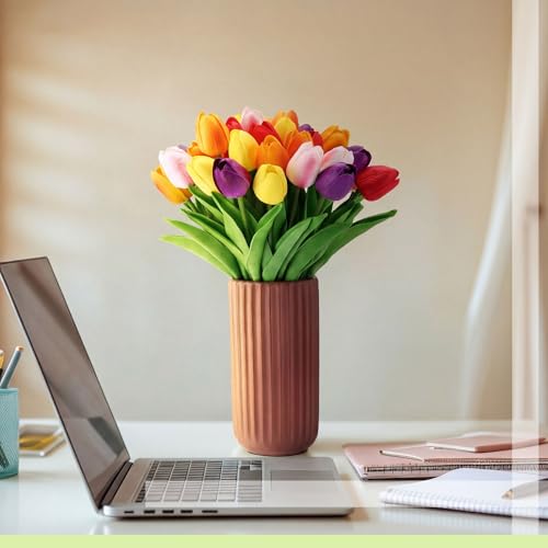 Janinka 75pcs Artificial Tulip Flowers Fake PU Tulips Faux Latex Bouquet Flower Centerpieces Arrangement Floral for Wedding Spring Decorations (1 Head,Pink,Red,Purple,Orange,Yellow) - color: Pink, Red, Purple, Orange, Yellow