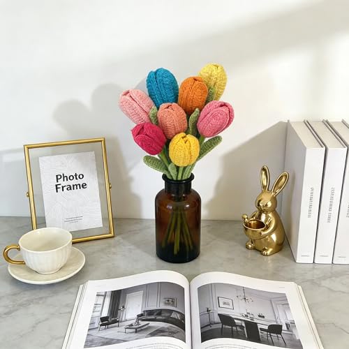 Colorful Tulips Crochet Flowers Bouquet Handmade Knitted Artificial Flowers Home Decor - color: Flowers001