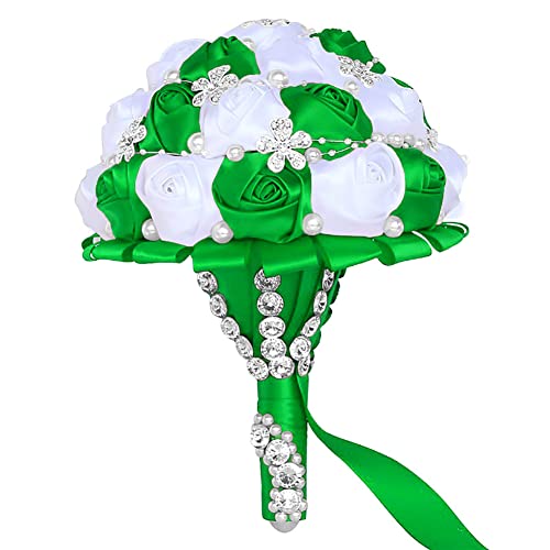 Sharebeauty 9.4 Inch Handmade Satin Rose Bridal Bouquet Toss Round Wedding Bouquet Throw Toss Artificial Flower Bunch Green + White - color: W224 Green/White, size: 9.4"/24cm