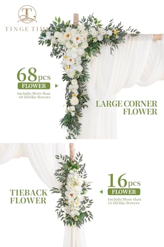 TINGE TIME Wedding Arch Flowers Kit - Deluxe 5pcs Artificial Floral Swag with 3 Sheer Drapes, Realistic Silk Flower Arrangements for Wedding Ceremony Arbor Backdrop Reception Party Home Decor - color: Ivory White