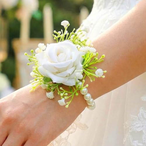 Wedding Corsage Wristlet Red Rose Wrist Corsage for Women (White) - color: White