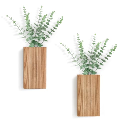 Dahey 2 Pack Wood Wall Planter Vase with Artificial Eucalyptus Farmhouse Wall Hanging Decor Pocket Planter for Indoor Fake Plants Greenery Flowers, livingroom Bedroom Kitchen Home Office Decoration - color: Natural