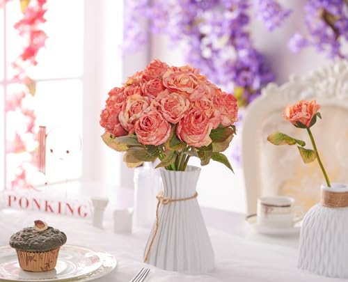 PONKING Rose Artificial Flower 28pcs Realistic Faux Silk Roses Fake Flowers Bouquets Arrangements Decor for Wedding Spring Mother's Day, Home Table Decorations, Orange Flower - color: A 28pcs Orange Rose