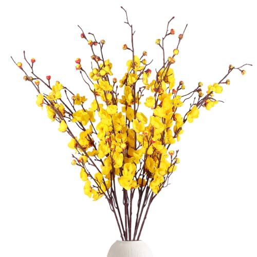8pcs Yellow Cherry Blossom Branches Artificial Flowers for Winter Spring Indoor Decoration, 36" Plum Fake Peach Plants for Wedding Home Office Bedroom Party Decor (Yellow, 36in) - color: Yellow, size: 36.6 inches