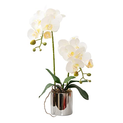 Artificial Orchid Flowers White Faux Orchids with Ceramic Vase Vivid Fake Phalaenopsis Flower Arrangement Gorgeous Artificial Plants for Office Desk Wedding Party Exhibition Center & Home Table Decor - color: White-silver