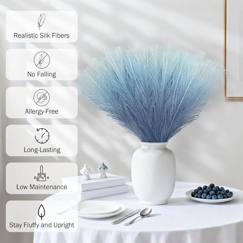 TORONTOKYO Light Blue Pampas Grass Decor, 50Pcs 21.6 inch Artificial Faux Pompas Grass Small Fluffy Arrangement for Wedding Boho Home Decor Vase Filler - color: Blue Gradient, size: 21.6inch-50Pcs
