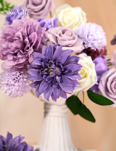 Purple Flowers Artificial Roses Combo Set Fake Purple Silk Flowers Faux Flowers Mix Chrysanthemum Dahlia with Stems for Wedding Bouquets Baby Bridal Shower Party Floral Arrangements Decor - color: Purple, size: The Modern Classic