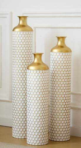 Tall Floor Vases Set of 3 for Decor Living Room Floor, White Vases Home Decor, Embossed Body Pattern, 33.4" H/28.74" H/24.4" H Geometric Cylinder (White 7) - color: White 7