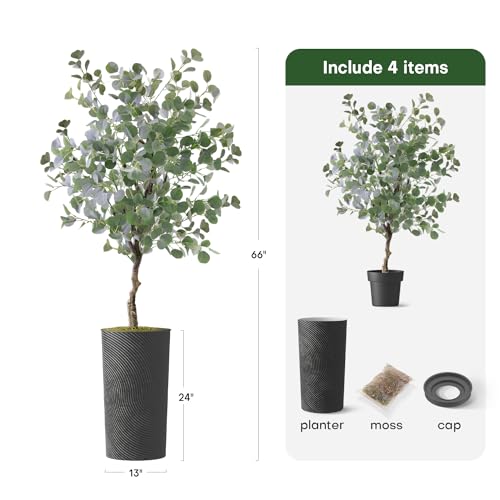 Artificial Tree in Geometric Spiral Pattern Planter, Fake Eucalyptus Silk Tree for Indoor and Outdoor Home Decoration - 66" Overall Tall (Plant Pot Plus Tree) - style: Eucalyptus Tree