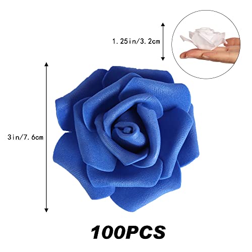100pcs Royal Blue Artificial Rose Flower Heads, 3inch White Foam Roses Bulk Stemless Fake Flower Heads for DIY Crafts,Cake Decoration Wedding,Baby Shower Flower Centerpieces(Blue White) - color: Shades of Blue White