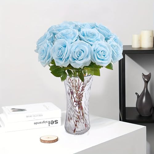 20PCS Artificial Roses with Long Stems - Realistic Silk Flowers, Fake Roses Real Touch Bouquet of Roses for Home Decor, Bridal Wedding Party Table Centerpieces, Bulk Faux Rose Flowers ( Sky Blue ) - color: Sky Blue, size: 20 PCS