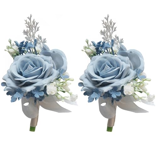 MAFELOE 2 Pieces Men Boutonniere Corsage Set, Artificial Rose Flowers Accessories for Wedding Prom Party Ceremony Anniversary Suit Decor- Dusty Blue(X-M11-JM) - color: Dusty Blue