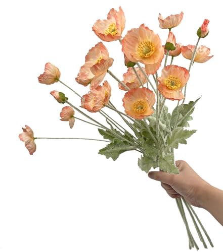 Set of 6 Poppies Flowers Artificial Silk Flowers with Long Stems Faux Wildflowers Bouquet for Vases Oil Pastel Style for Wedding Party Indoor Home Office Decor (Gradient Coral) - color: Gradient Coral