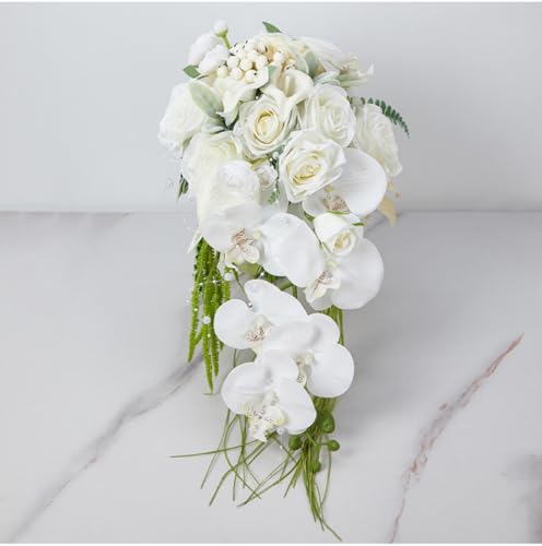 9.5 Inch White Cascade Bridal Bouquet for Bride with Artificial Rose Phalaenopsis Flower and Pearls Cascading Bridal Bride Wedding Bouquet Flower Wedding White and Champagne - color: White & Champagne