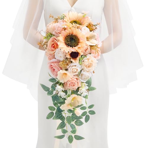 Serwalin 11 Inch Wedding Bouquets for Bride Bridesmaid, Champagne Bridal Bouquets for Bride, Wedding Flowers Bouquet Tossing Bouquet, Wedding Ceremony and Anniversary Day Decor - color: Champagne Sunflower