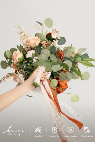Ling's moment Terracotta Wedding Bouquets for Bride, Burnt Orange Bridal Bouquets for Bride, 15 Inch Free Form Artificial Wedding Flower Bouquet - color: Or-sunset Terracotta, size: Medium 15 Inch