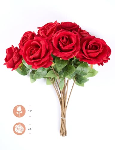 PONKING 3.5"(9cm) Big Rose Artificial Flower 12pcs Realistic Faux Silk Roses Fake Flowers Bouquets Arrangements Decor for Wedding Mother's Day, Home Table Christmas Valentine Decorations, Red Flower - color: D 12pcs Red Rose