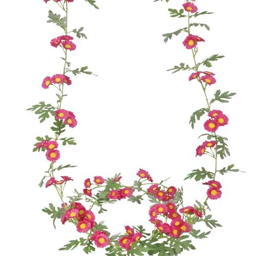 2 Pcs Silk Wildflower Garland Spring Daisies Flowers Garland Outdoor Rose Red Artificial Daisy Flowers and Leaves Faux Floral Vine for Mantle Baby Shower Wedding Arch Front Porch Staircase Decor - color: Rose Red