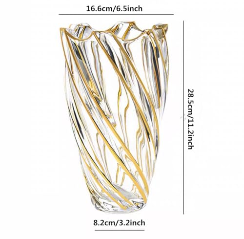 Hand Painted Gold Crystal Vase 11.2 inch Tall-Unique Whirlwind Shaped Glass Large Vase Home Office Decor for Living Room Dining Table Centerpieces, Birthday and Wedding.