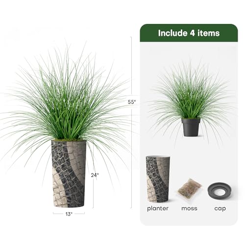 Artificial Tree in Geometric Pattern Planter, Fake Onion Grass Silk Tree for Indoor and Outdoor Home Decoration - 55" Overall Tall (Plant Pot Plus Tree) - style: Onion Grass