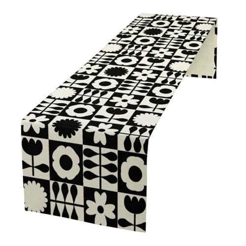 Retro Groovy Flowers Table Runner Vintage Geometric Checkered Mid Century Black Floral Dinner Runner for Country Farmhouse Kitchen Birthday Party Holiday 36X13inch - color: Checkered-10, size: L36"x W13"
