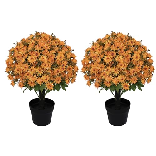 24” Artificial Flowers for Outdoors, Set of 2- UV Resistant Look Real Faux Orange Mums with Cement Pots, Realistic Fake Plastic Plants for Front Porch Planter Entryway Indoor Decor - color: Daisy Autumn Yellow