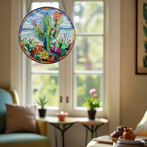 Cactus Suncatcher Decor, Cactus Stained Glass Window Art Beach Decor Sea Glass Hanging - 7.9" Outdoor/Indoor Art Decor for Home Garden