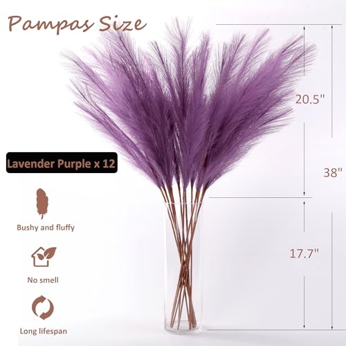 12 Pcs Lavender Purple Faux Pampas Grass Decor 38"/3.1FT Tall Fake Pompas Floral Large Artificial Pompous Grass Branches Plants for Floor Vase Filler Home Boho Decoration - color: Lavender Purple