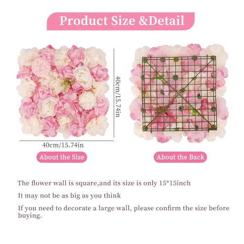 3D Flower Wall Backdrop - 12Pcs 15×15 Inch Artificial Rose Panels Pink & White Silk Floral Decor for Home Party Wedding Anniversary Birthday Photographic Studio Background & Decorative Fences - color: Pink and White, size: 12PCS-15x15