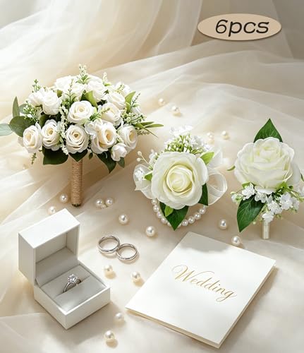 Ivory Bridesmaid Bouquets with Corsages & Boutonnieres for Wedding | 8.5In 6Pcs Artificial Roses Bridal Bouquet with 6 Corsages & 6 Boutonnieres for Wedding, Decoration, Ceremony, Anniversary - color: 6pcs Ivory Bride Bouquets With 6pcs Corsage & 6pcs Bou