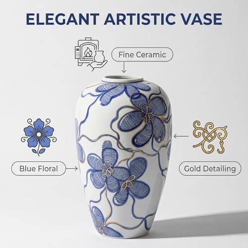 Blue and White Ceramic Vase for Home Decor – Hand-Painted Porcelain Flower Vase with Gold Accents – Chinoiserie-Inspired Home Decor Vase – 11" for Table, Shelf, or Mantel - size: 11"