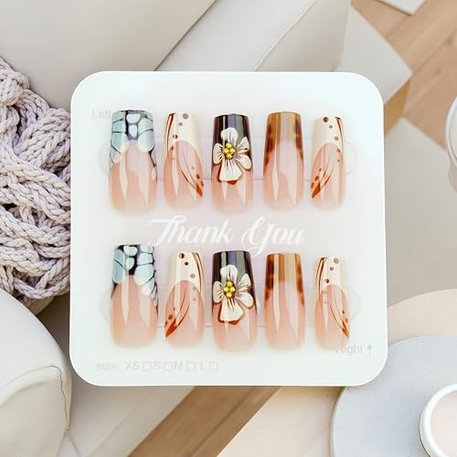 24Pcs Fall Press on Nails Medium Square Fake Nails with 3D Flowers Gold Beads False Nails Autumn Winter Flower Full Cover Glue on Nail Brown Flower Artificial Stick on Nails for Women Manicure