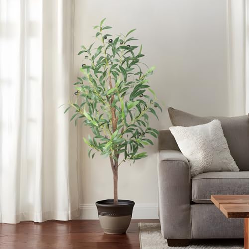 4FT Artificial Olive Tree, Faux Potted Olive Plant with Realistic Trunk, 436 Leaves & 16 Fruits,Fake Olive Tree for Home Office Indoor Outdoor Decor (Set of 2) - color: Green, size: 4ft