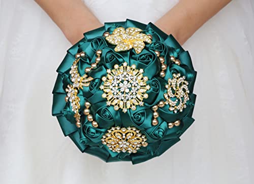 Emerald Green Bridal Wedding Bouquet Luxury Gold Rhinestone Brooch Bouquet for Bride Bridesmaid Quinceanera Satin Rose Artificial Flower Bouquet Wedding Emerald Green 7.1in - color: Dark Green, size: Diameter: 7.1 inches