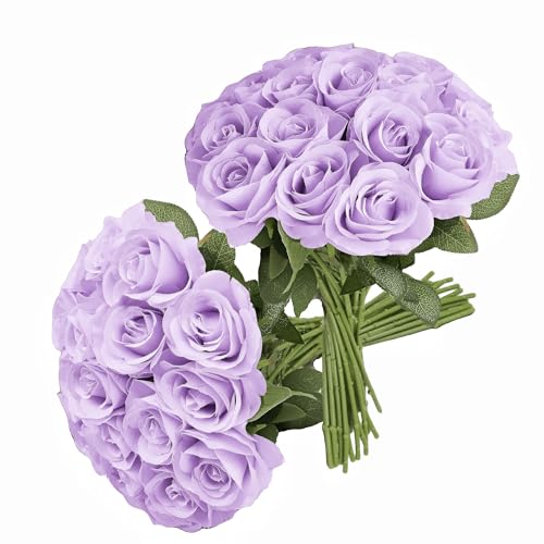 JUSMAI 30pcs Lavender Roses Artificial Flowers Lliac Roses Purple Roses Fake Roses Flowers with Long Stems Silk Flowers for Wedding Bouquet Centerpices Decorations Party Bridal Baby Shower - color: Lavender, size: 30PCS