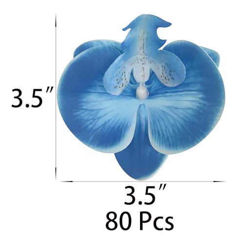 Fake Blue Orchids Artificial Flowers Heads, 3.5''Fake Orchid Heads for Wedding Floral Bouquet Decor DIY Craft Making Bridal Shower Photography Props (80, Blue) - color: Blue