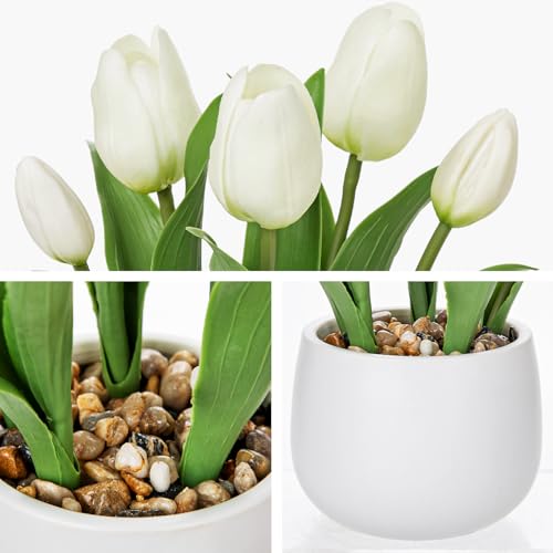 Hollyone White Tulips Artificial Flowers in Vase Fake Tulips Silk Flowers Arrangements Faux Tulip Bulbs with Ceramic Tulip Pot Potted Plants Floral Bouquet for Home Decor Table Centerpiece Decorations - color: Small - White